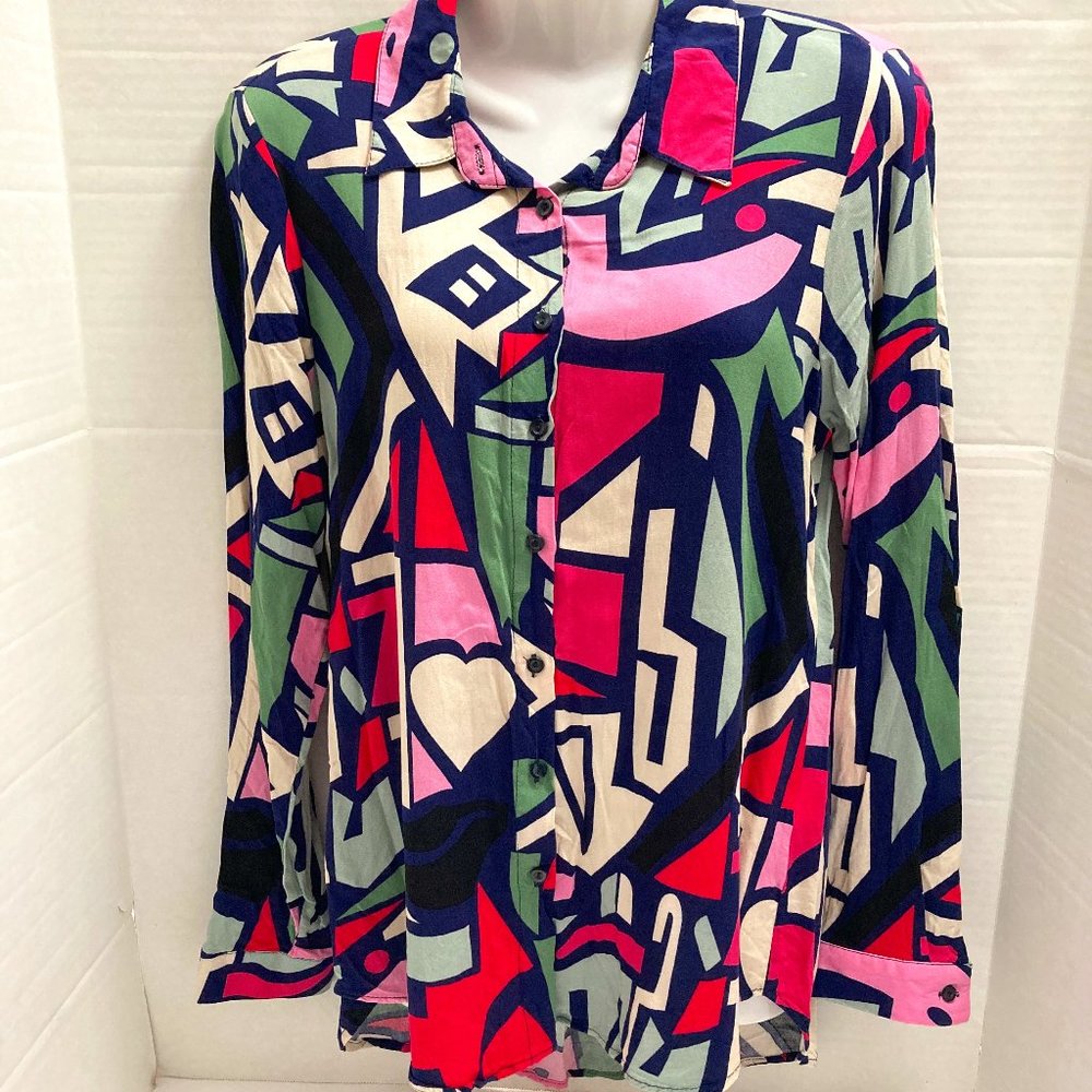 Big Dart Button Up Shirt Multicolor Abstract Long Sleeve Colorful Viscose EUR 38